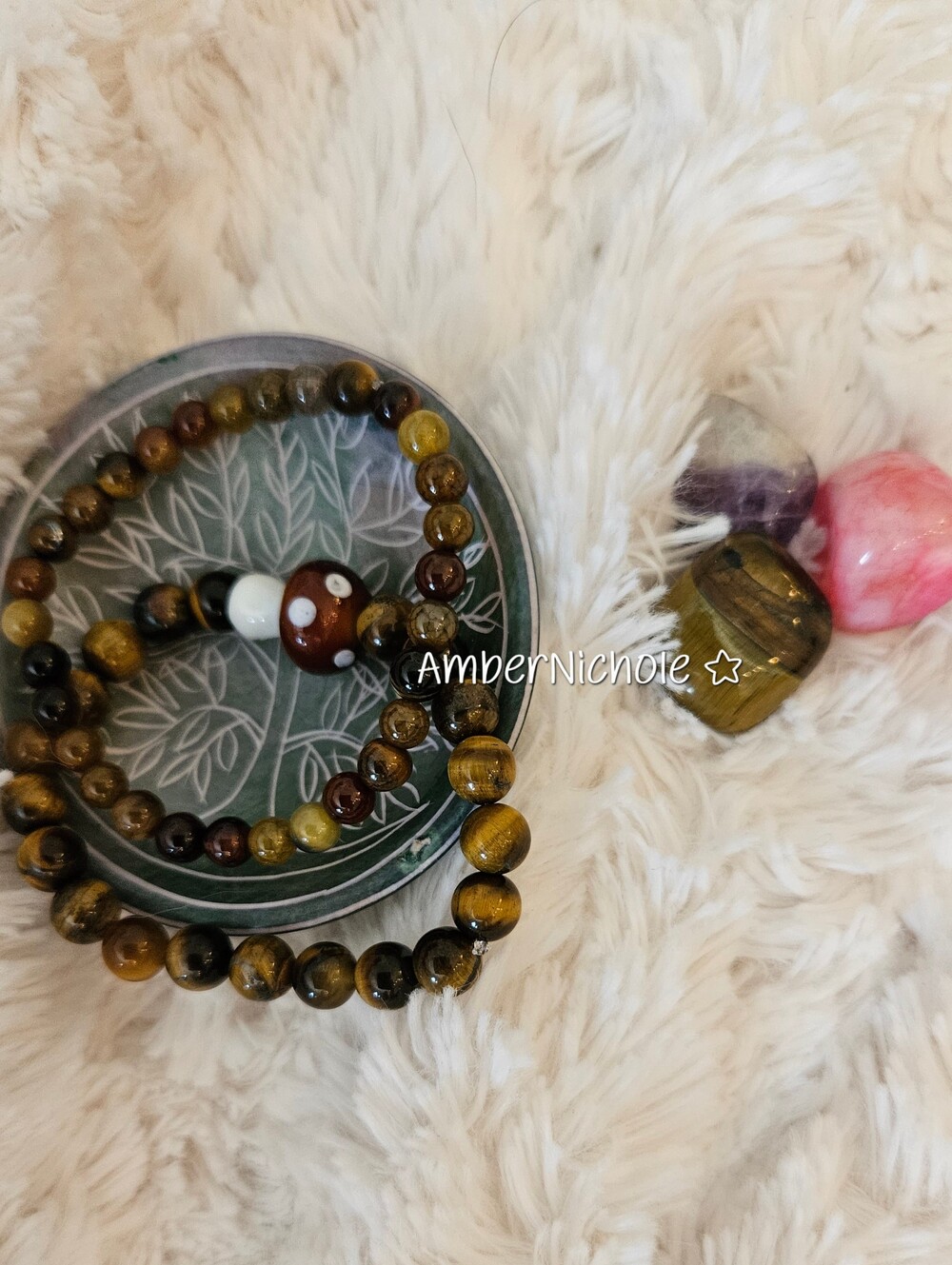 ☆ Tiger Eye Beaded Bracelet Stack With Mushroom Pendant